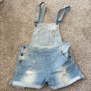 Light Wash Distressed Denim Short Overalls